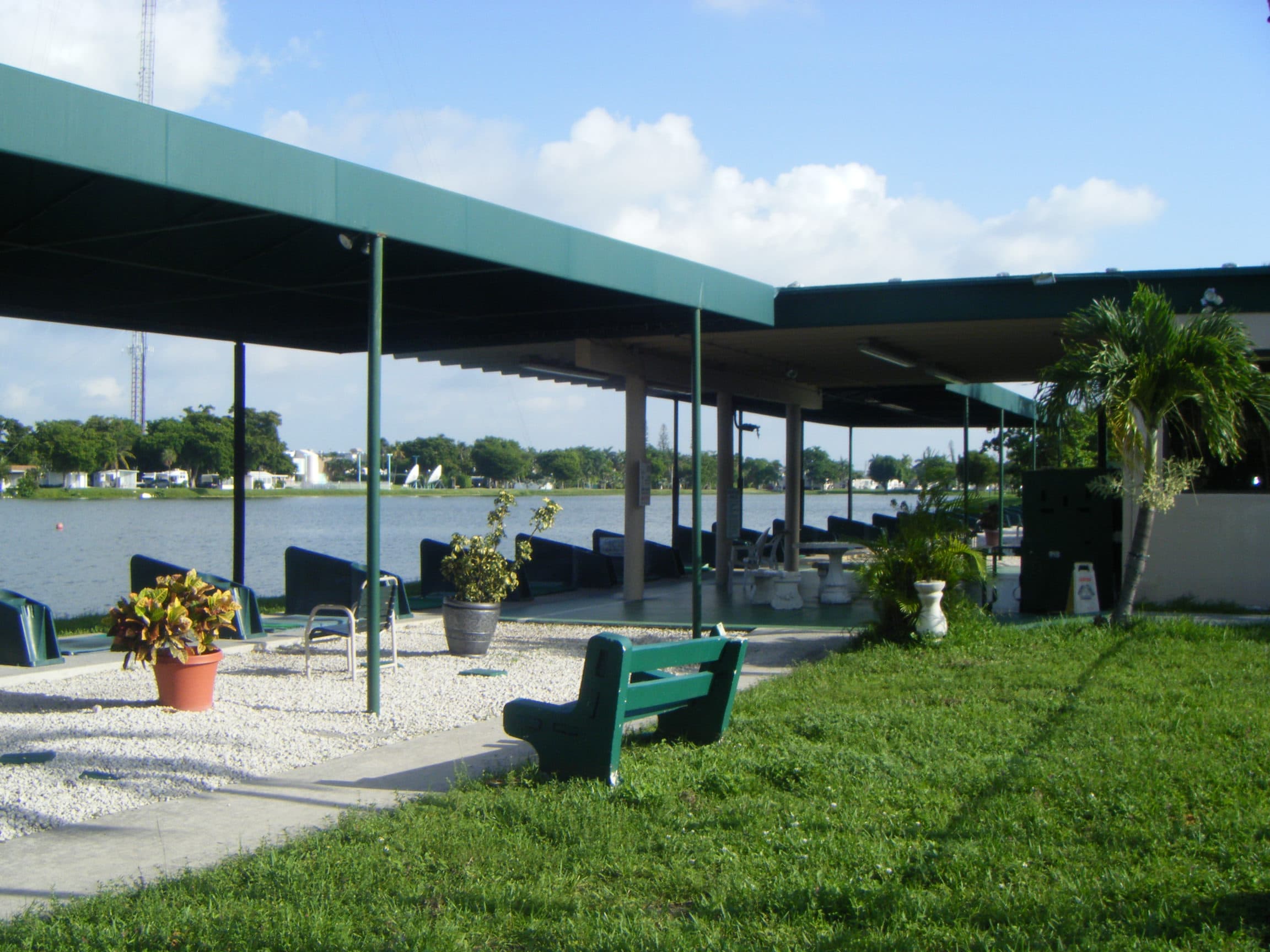 Shaded golf bays right on the water